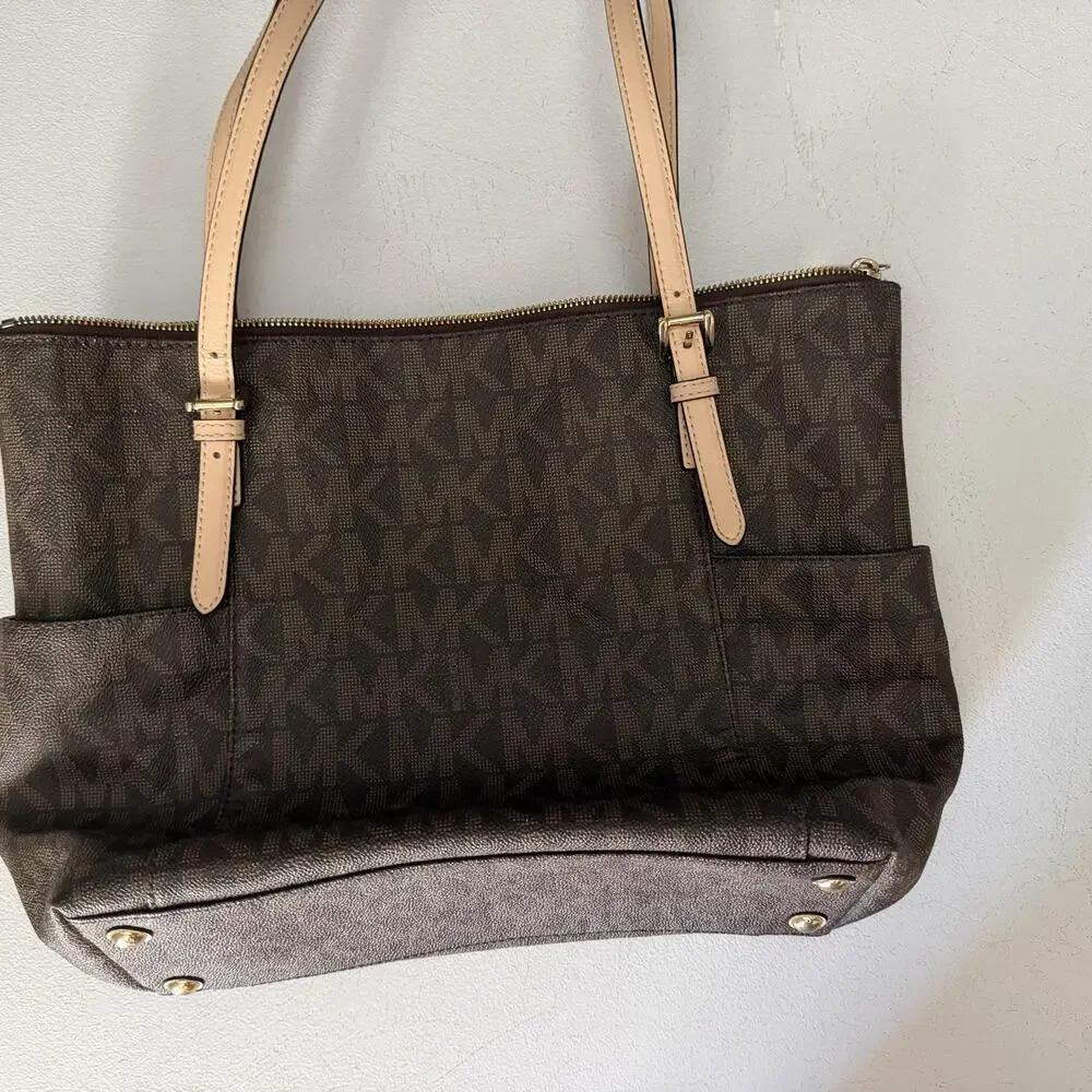 Michael Kors Tote Bag Womens Large Brown Logo PVC Leather Zip Shoulder Handbag